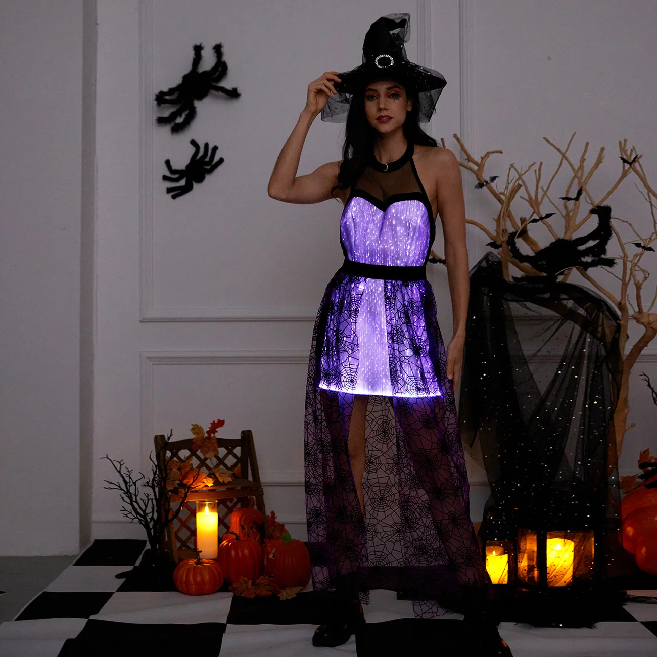 Go-Glow Halloween Edición limitada Vestido iluminador para adultos con falda iluminada con patrón de terciopelo que incluye controlador (batería incorporada) Púrpura big image 1