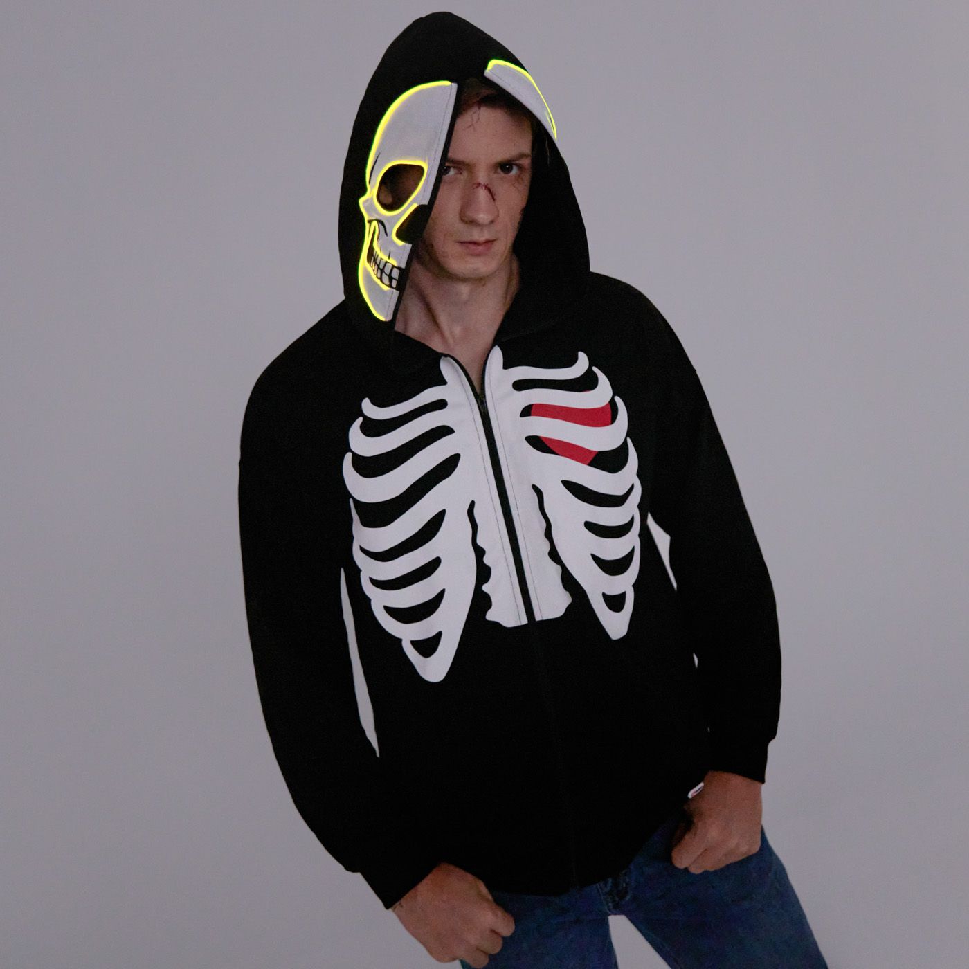 Go-Glow Halloween Illuminating Adult Jacket Avec Squelette De Tête Allumée, Y Compris Le Contrôleur (batterie Intégrée)