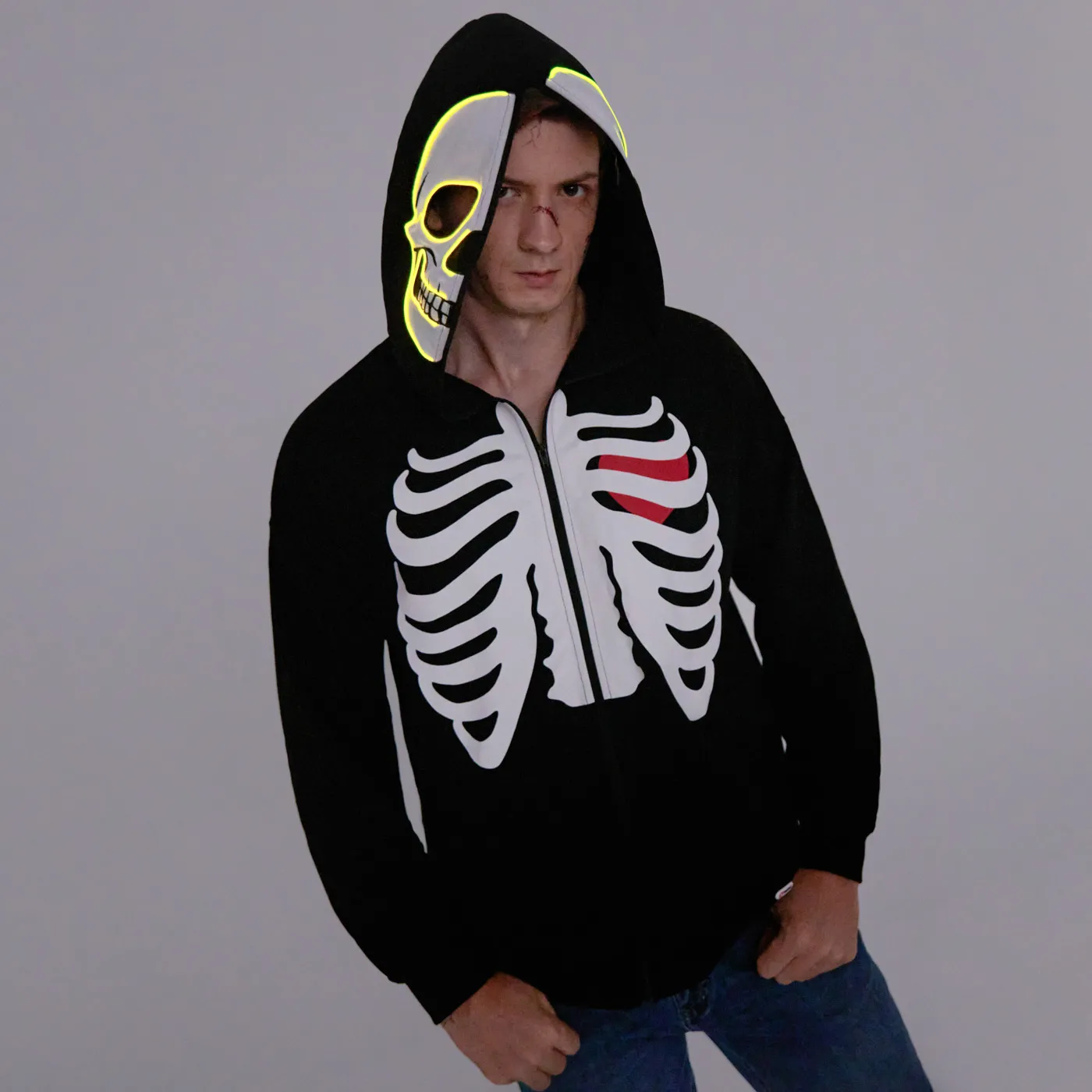 Go-Glow Halloween Illuminating Adult Jacket with Light Up Head Skeleton for Men Including Controller (Built-In Battery)