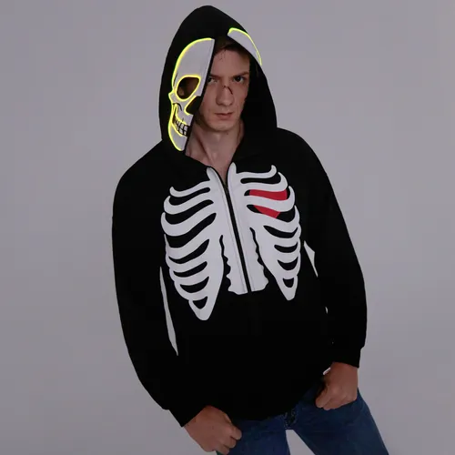 Go-Glow Halloween Illuminating Adult Jacket with Light Up Head Skeleton for Men Including Controller (Built-In Battery)