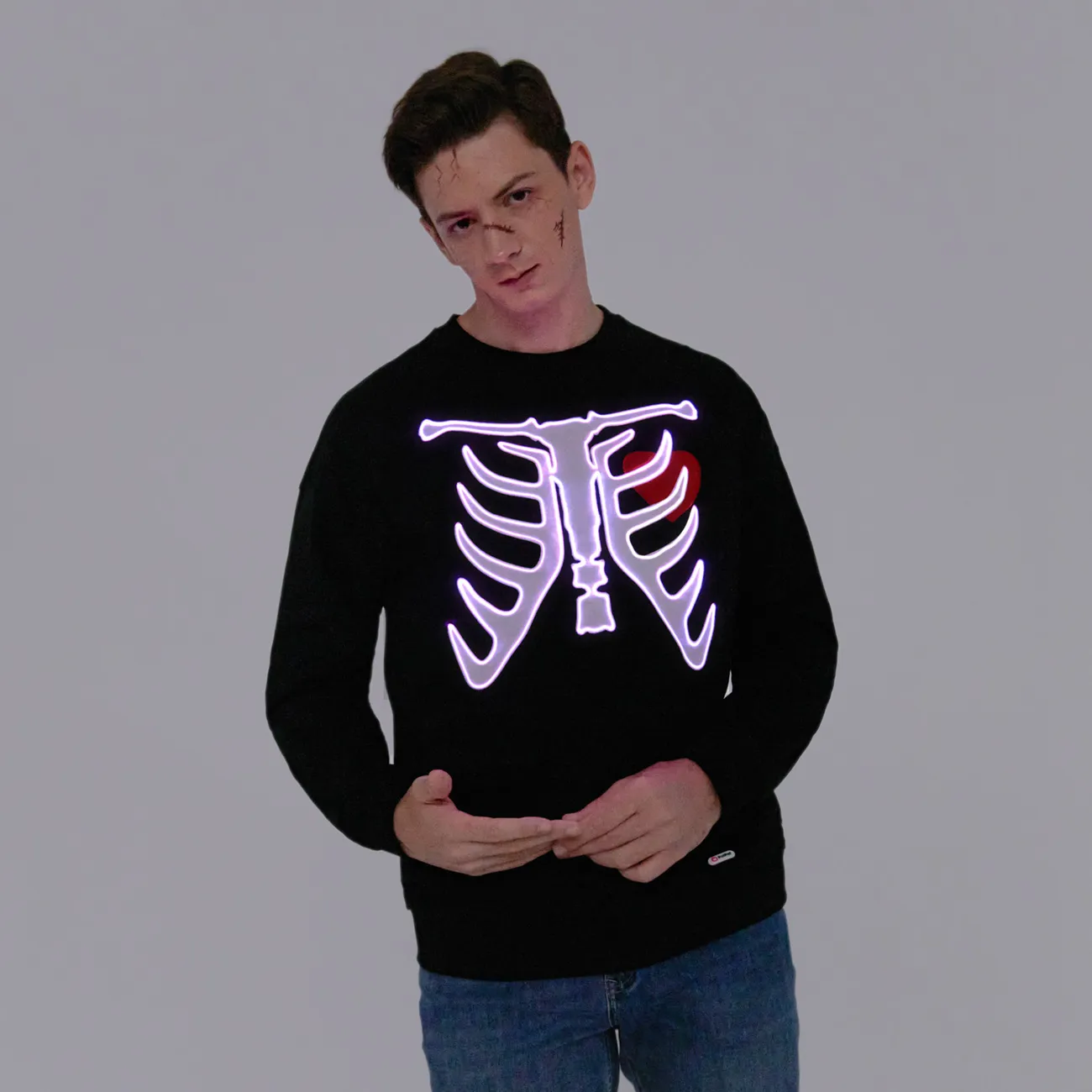Go-Glow Halloween Illuminating Adult Sweatshirt with Light Up Skeleton Pattern for Men Including Controller (Built-In Battery) Black big image 1