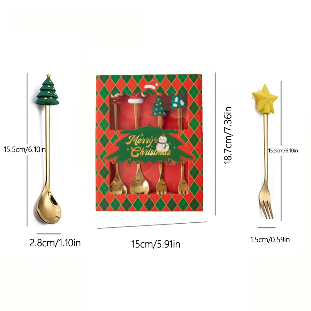 Christmas Cutlery Set of 4 with Spoon and Fork in Gift Box Color-D