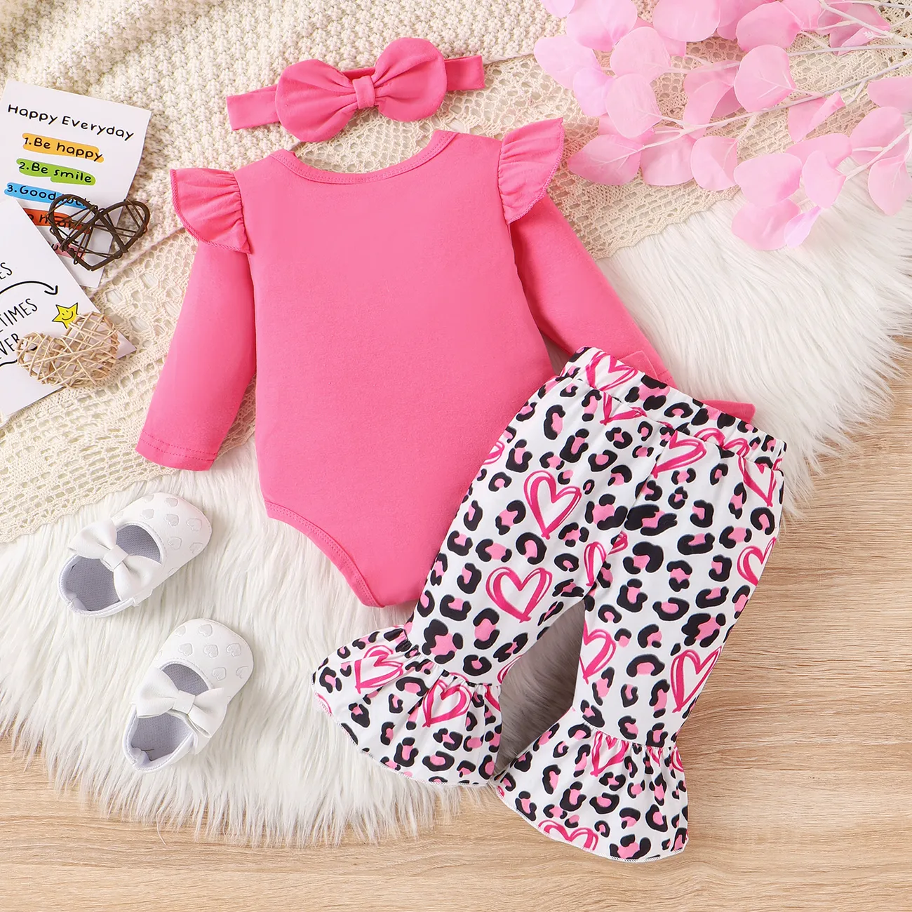 3PCS Baby Girl Sweet  Ruffle Edge Top/Leopard Pant/ Headband Set  Hot Pink big image 1