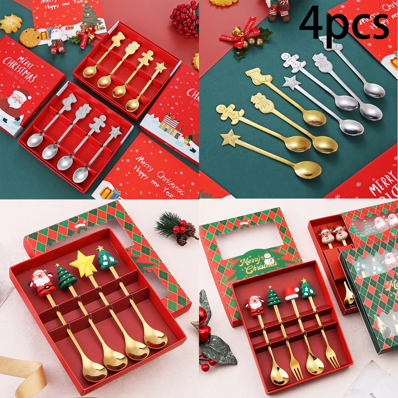 Juego de 4 cubiertos navideños con cuchara y tenedor en caja de regalo Color-B big image 1