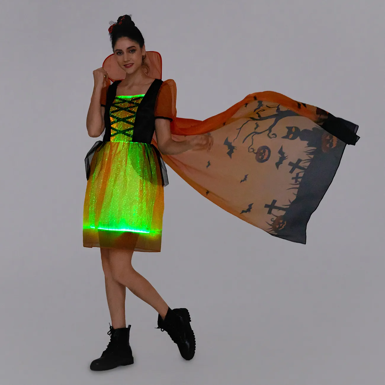 Go-Glow Halloween Limited Edition Leuchtendes Erwachsenenkleid mit leuchtendem Rock mit Halloween-Print Umhang inklusive Controller (eingebaute Batterie) orange big image 1