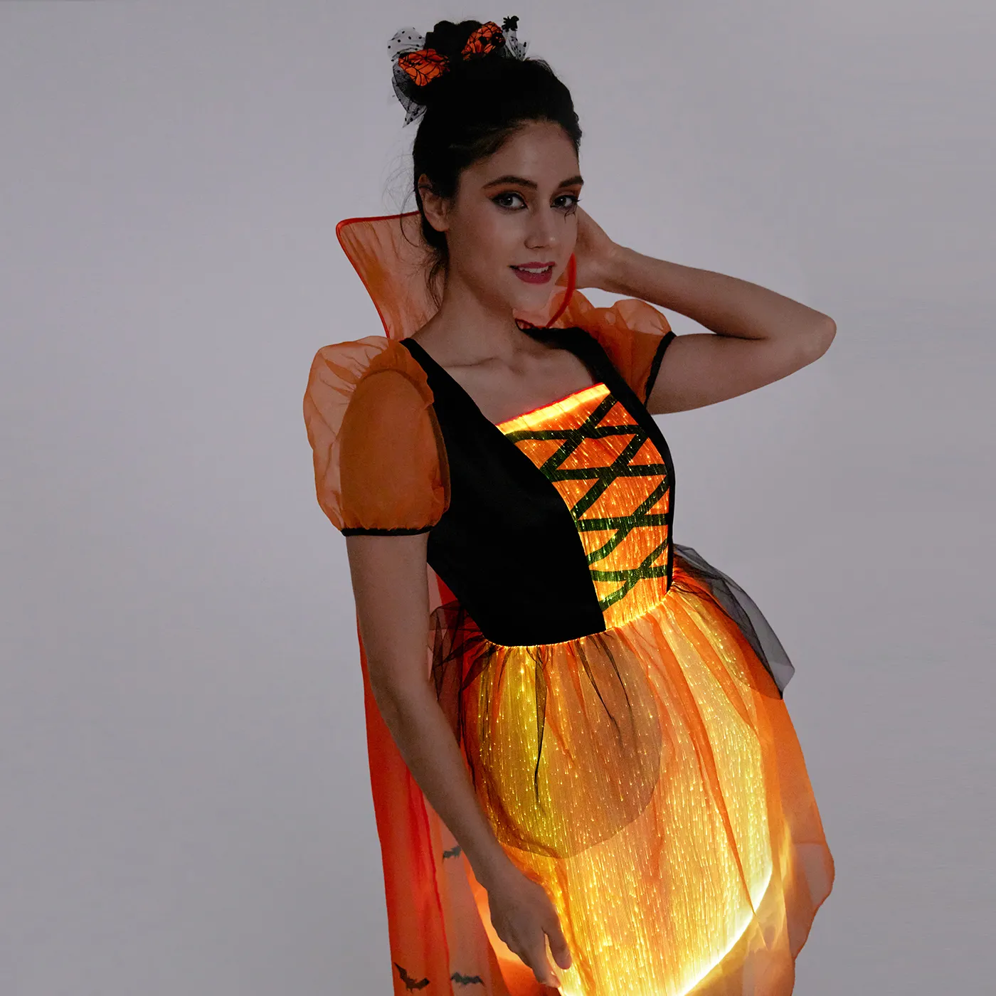 Go-Glow Halloween Limited Edition Illuminating Adult Dress with Light Up Skirt with Halloween Print Cape Including Controller (Built-In Battery) Orange big image 6