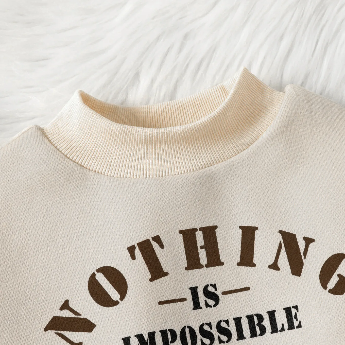 2-piece Kid Girl Letter Print Mock Neck Drop Shoulder Long-sleeve Thermal Lined Sweatshirt and Sweatpants Set Apricot image 3