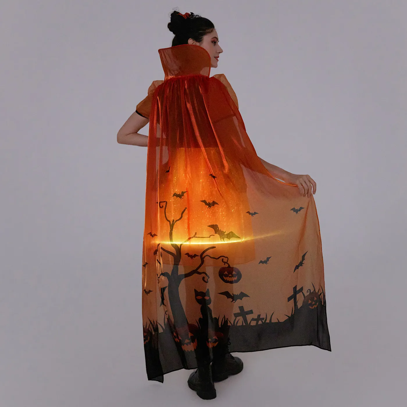 Go-Glow Halloween Limited Edition Illuminating Adult Dress with Light Up Skirt with Halloween Print Cape Including Controller (Built-In Battery) Orange image 5