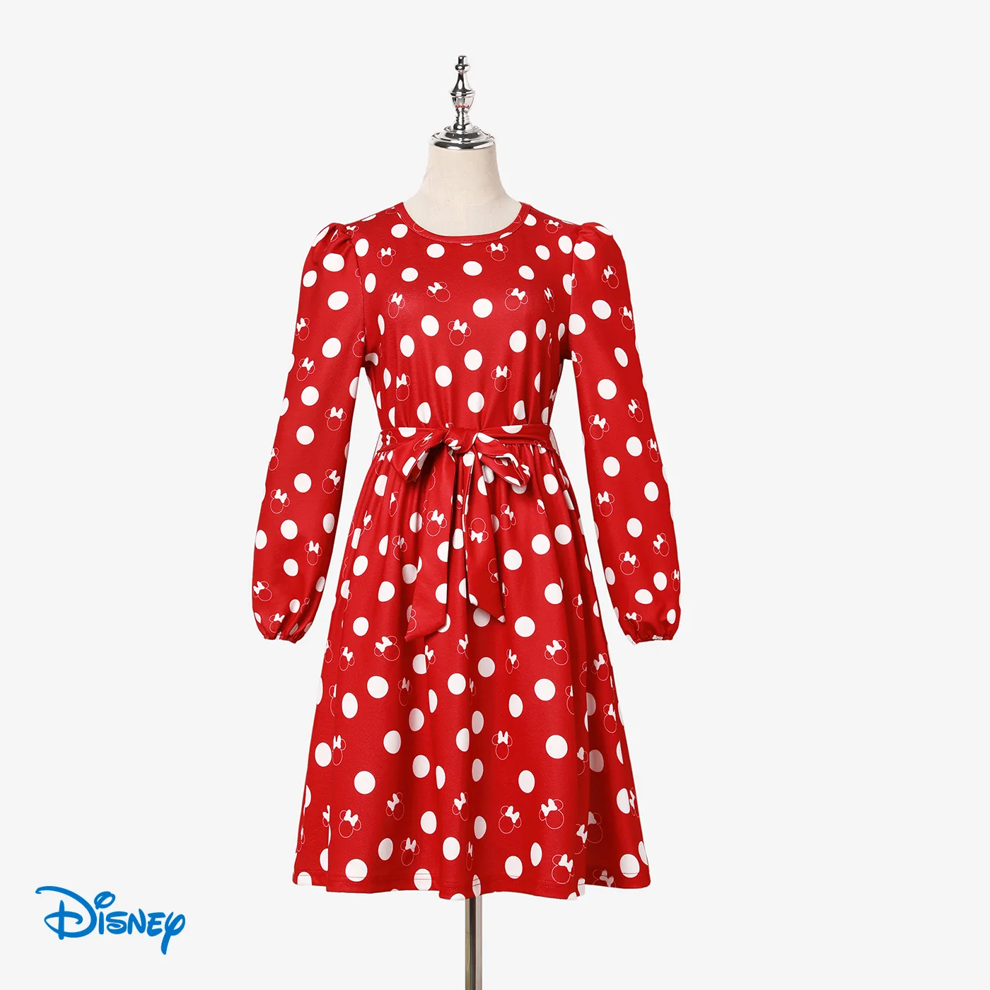Disney Mickey And Friends Family Matching Character Print Polka Dots Long-sleeve Red Dress Or Cotton Top