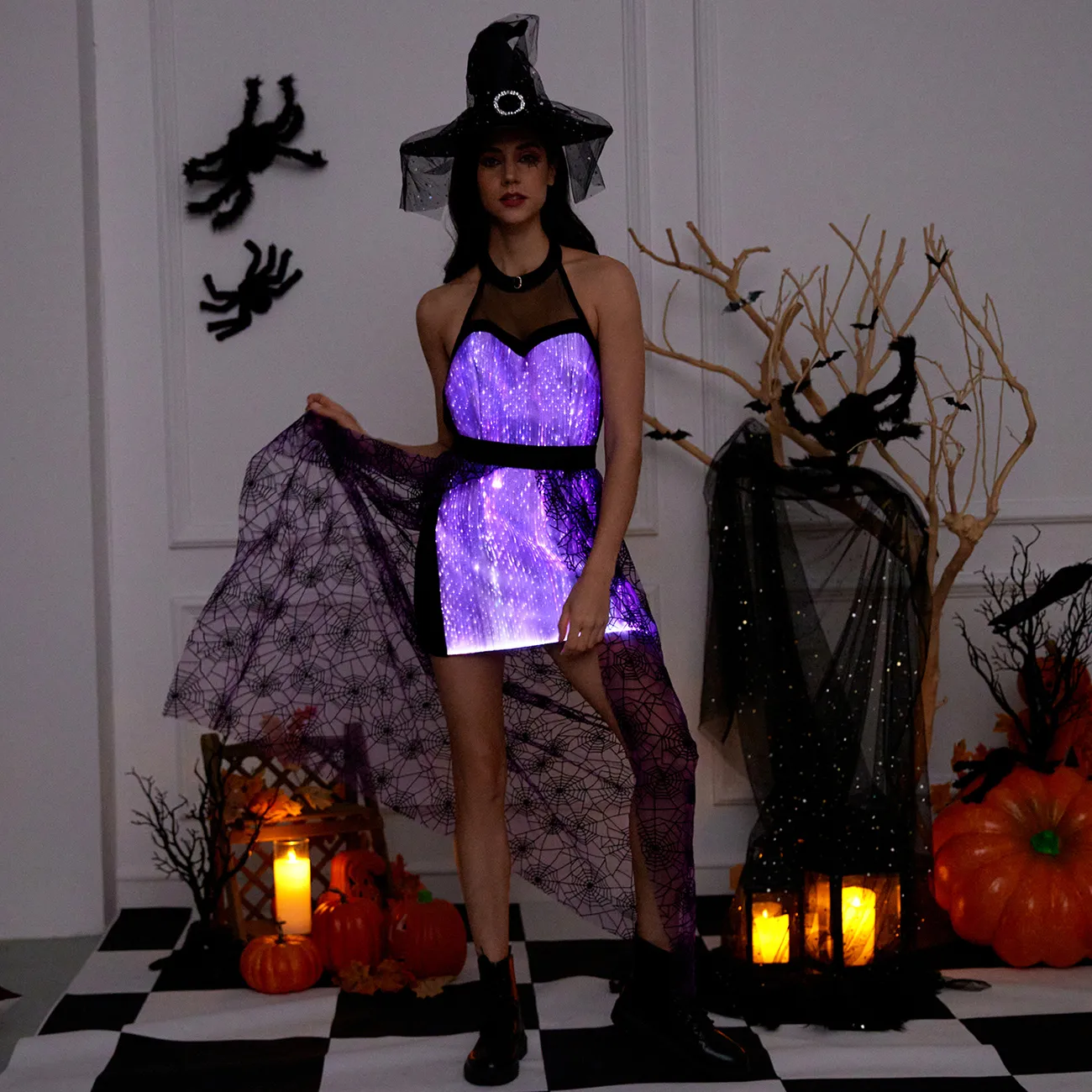 Go-Glow Halloween Limited Edition Illuminating Adult Dress with Light Up Skirt with Velvet Pattern Including Controller (Built-In Battery) Purple big image 1