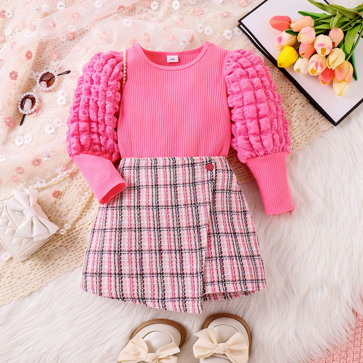 2PCS Toddler Girl Sweet Solid Color Puff Sleeve Dress Set