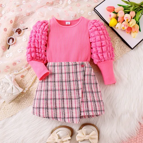  2PCS Toddler Girl  Sweet Solid Color Puff Sleeve T-shirt/ Skirt Set