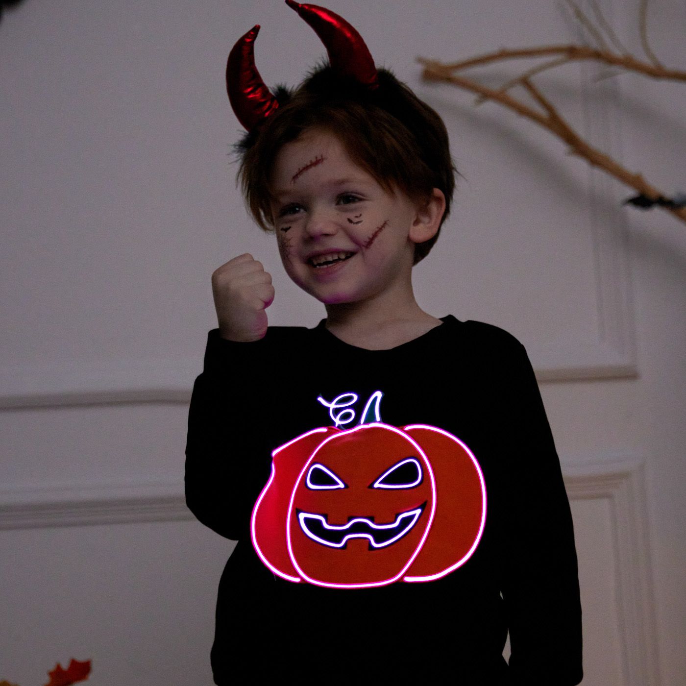 Illuminé Halloween Graphique Brodé Noir Coton Pulls Molletonnés Pour Enfant Garçon