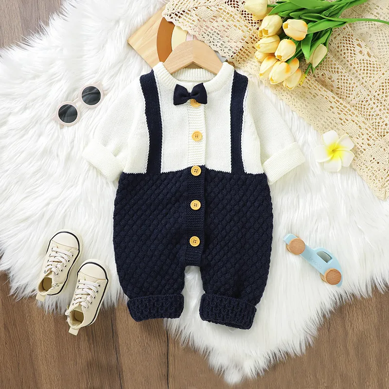 Baby Boy Knitted School Sweater Jumpsuit with Long Legs and High-Quality Fabric Stitching Blue big image 1
