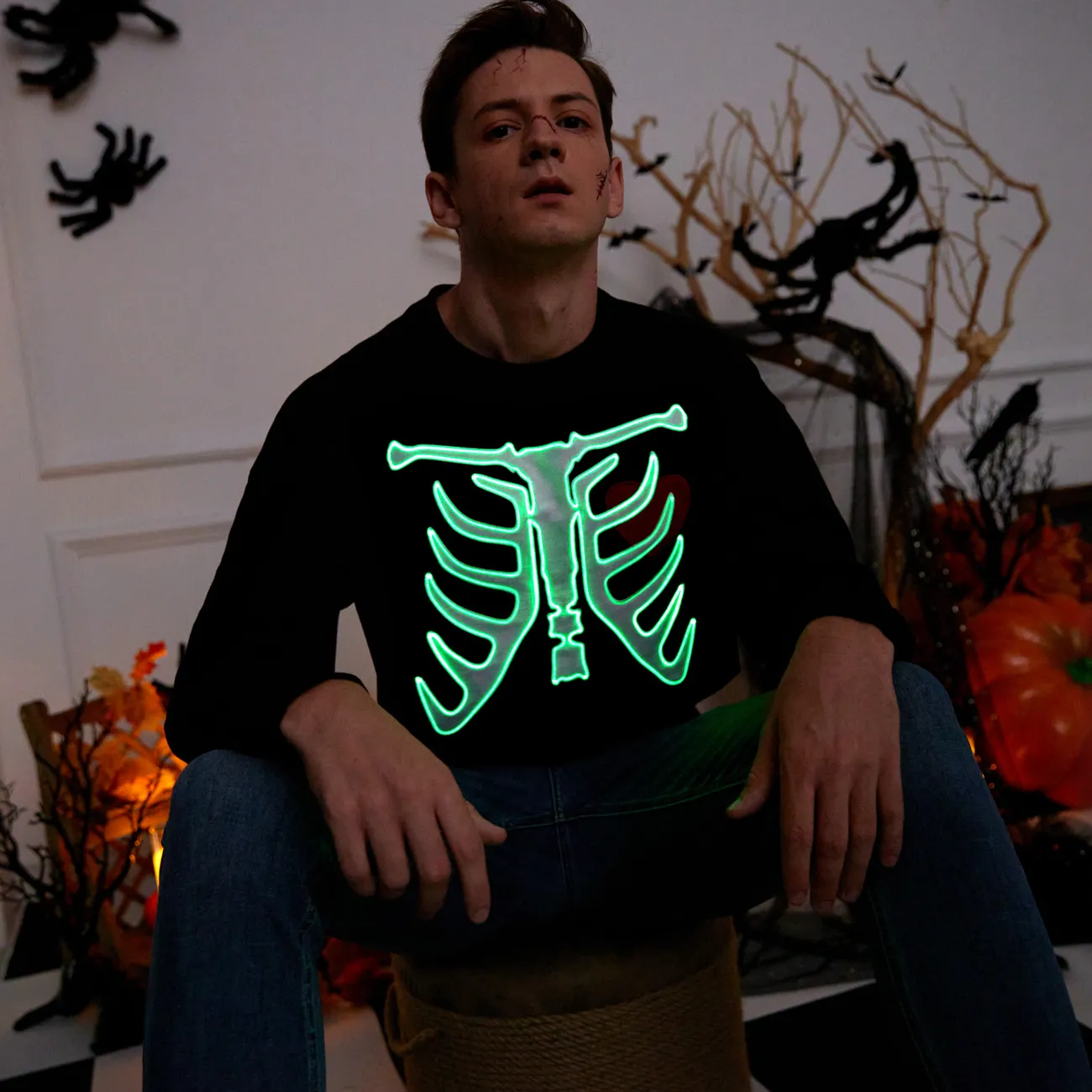 Go-Glow Halloween Illuminant le sweat-shirt pour adultes avec motif de squelette lumineux, y compris le contrôleur (batterie intégrée) Noir big image 1