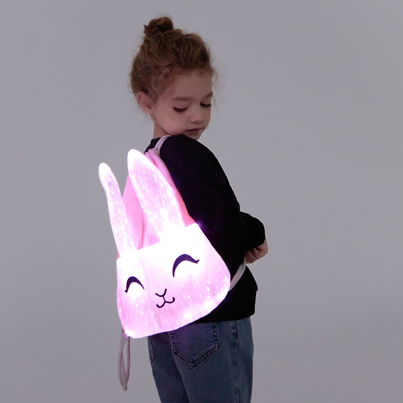 發光兔子圖案耳朵設計拼接背包女孩