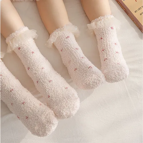 Coral velvet thickened warm home lace princess socks for Mommy and Me