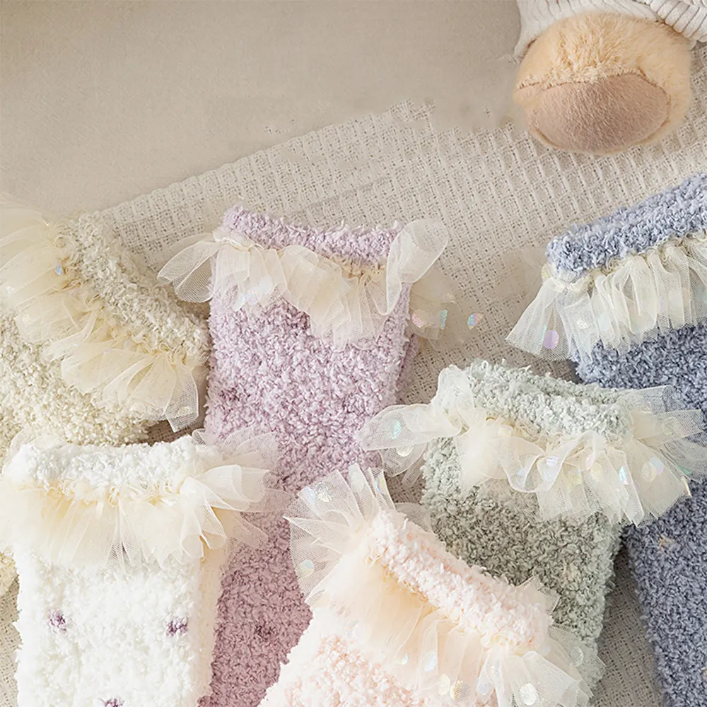 Coral velvet thickened warm home lace princess socks for Mommy and Me  image 4