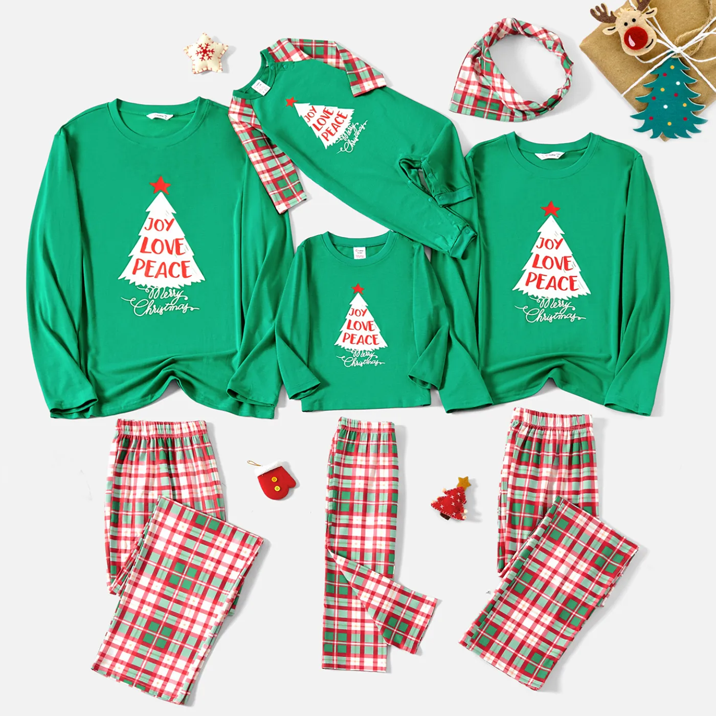 Christmas Family Matching Glow In The Dark Color-block Plaid Long-sleeve Pajamas Sets(Flame Resistant) Green image 3