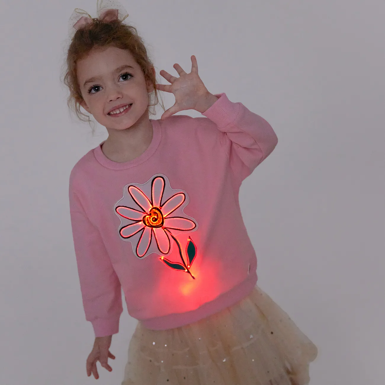 كنزة صوفية قطنية مضيئة مطرزة بالزهور الوردي لفتاة صغيرة زهري big image 1