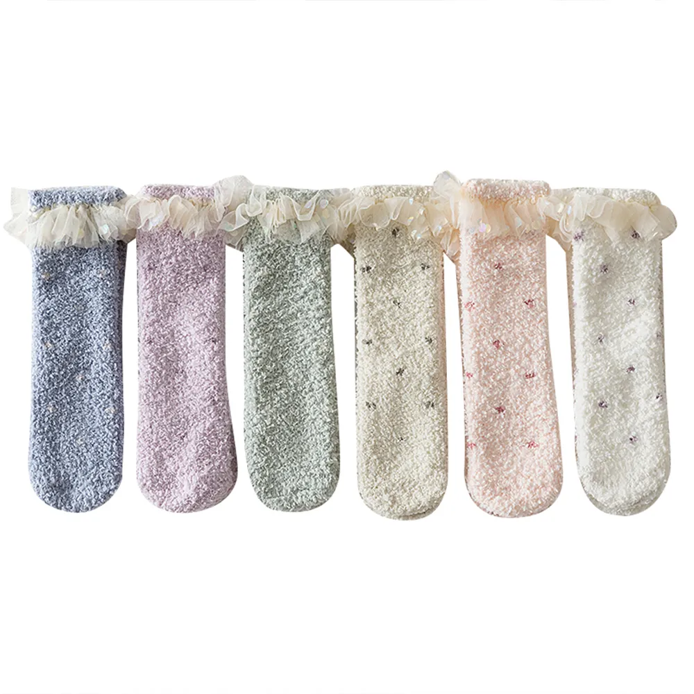 Coral velvet thickened warm home lace princess socks for Mommy and Me  image 2