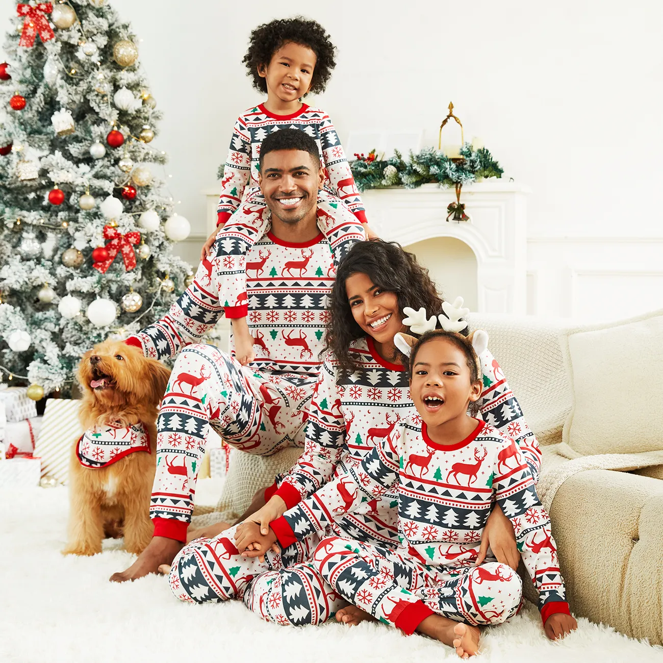 Christmas All Over Reindeer Print Family Matching Long-sleeve Pajamas Sets (Flame Resistant) Red/White big image 1