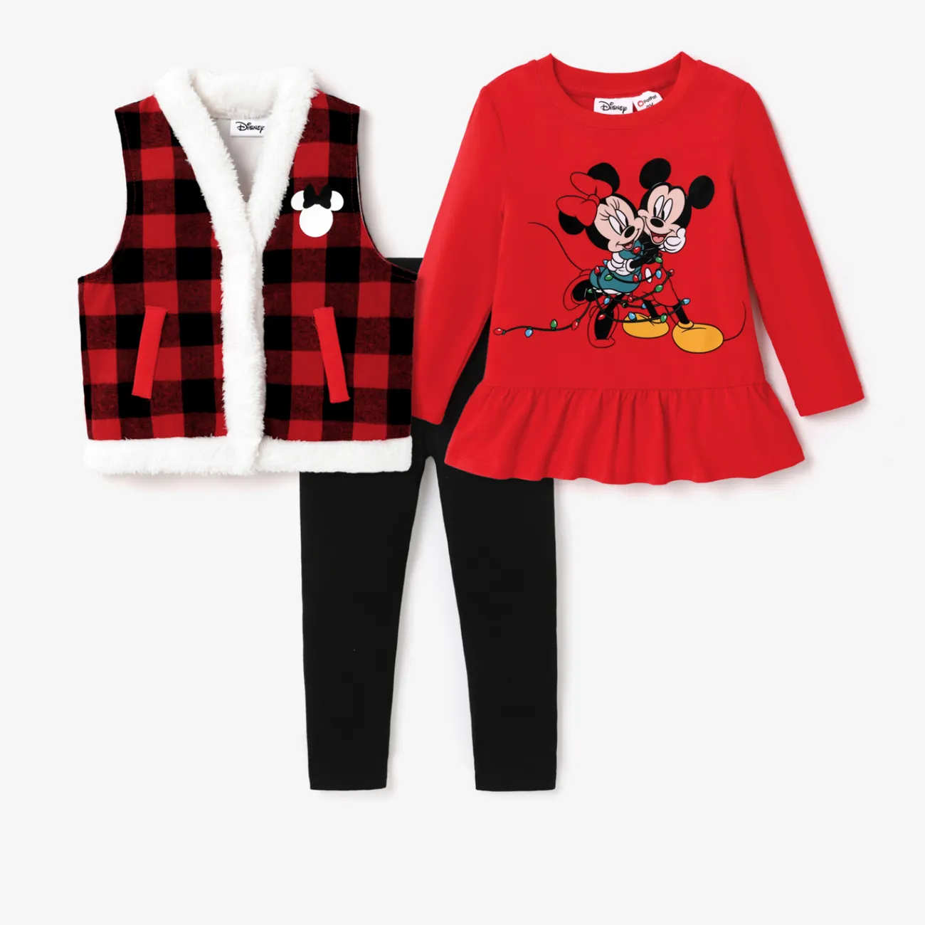 Disney Mickey and Friends Christmas Toddler Girl Cotton Character Print Top or Colorblock Vest or Leggings Black big image 1