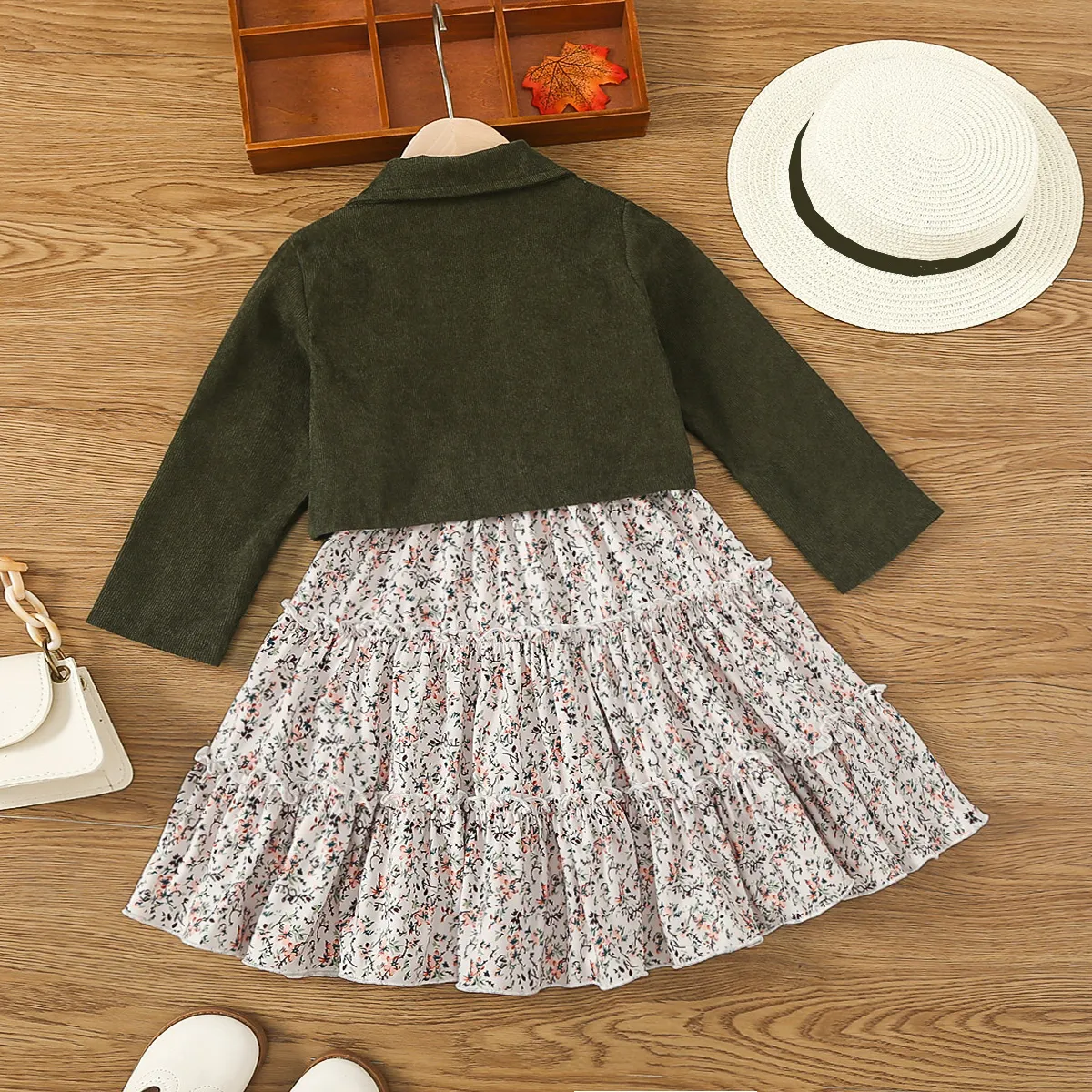 2pcs Toddler Girl Buttons Front Long-sleeve Jacket and Allover Floral Print Ruffle Slip Dress Set Army green big image 1