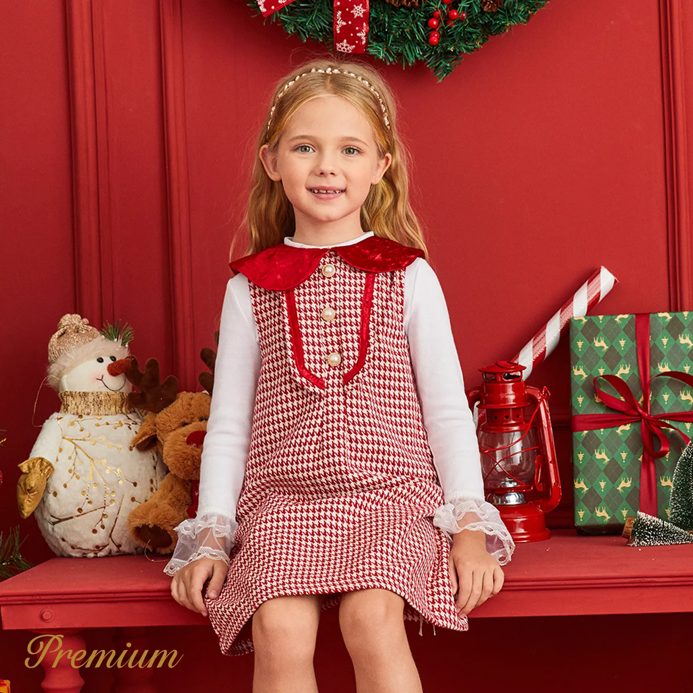 Kid Girl Elegant Grid Dress with Lapel