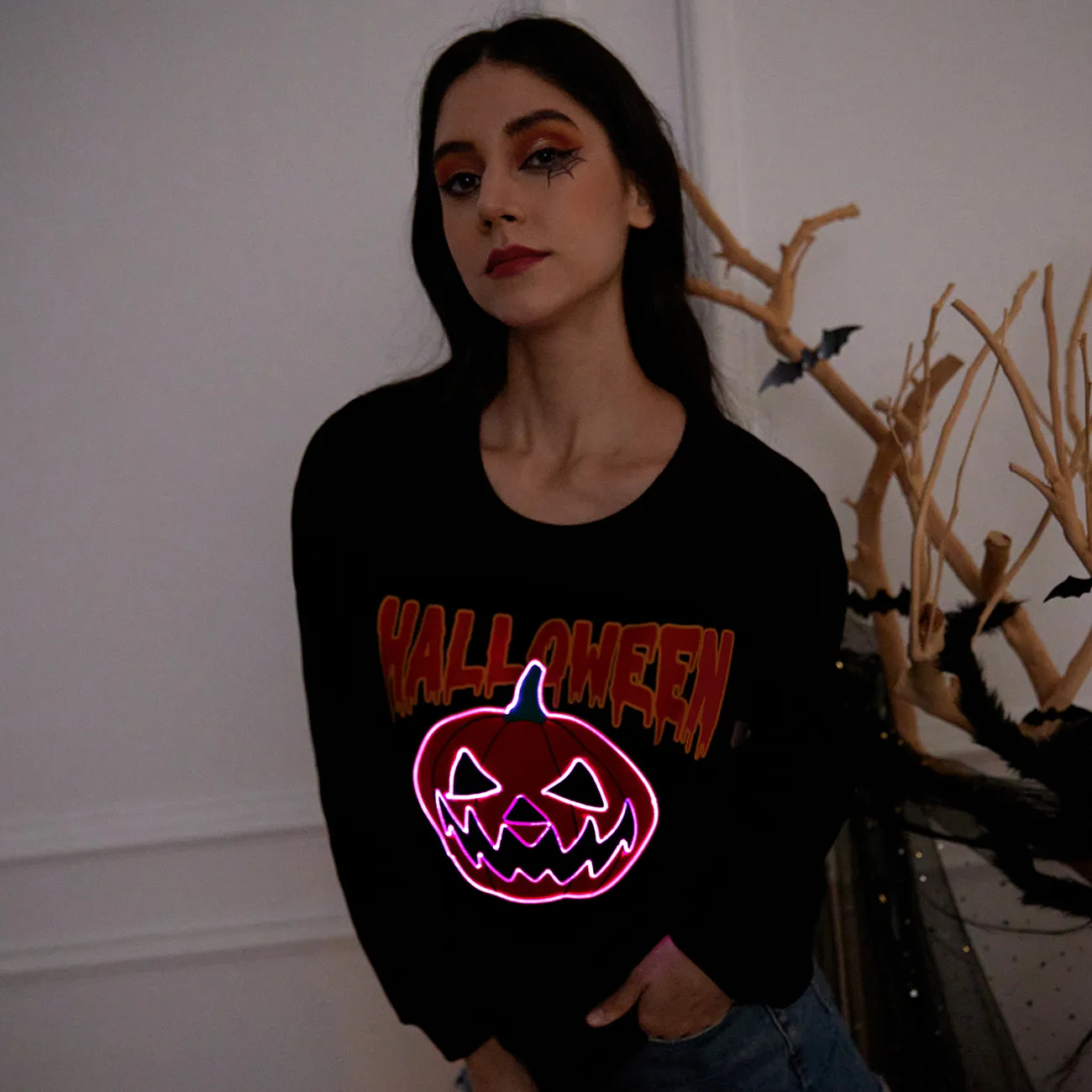Go-Glow Halloween Illuminating Adult Sweatshirt with Light Up Pumpkin for Women Including Controller (Built-In Battery) Black big image 1