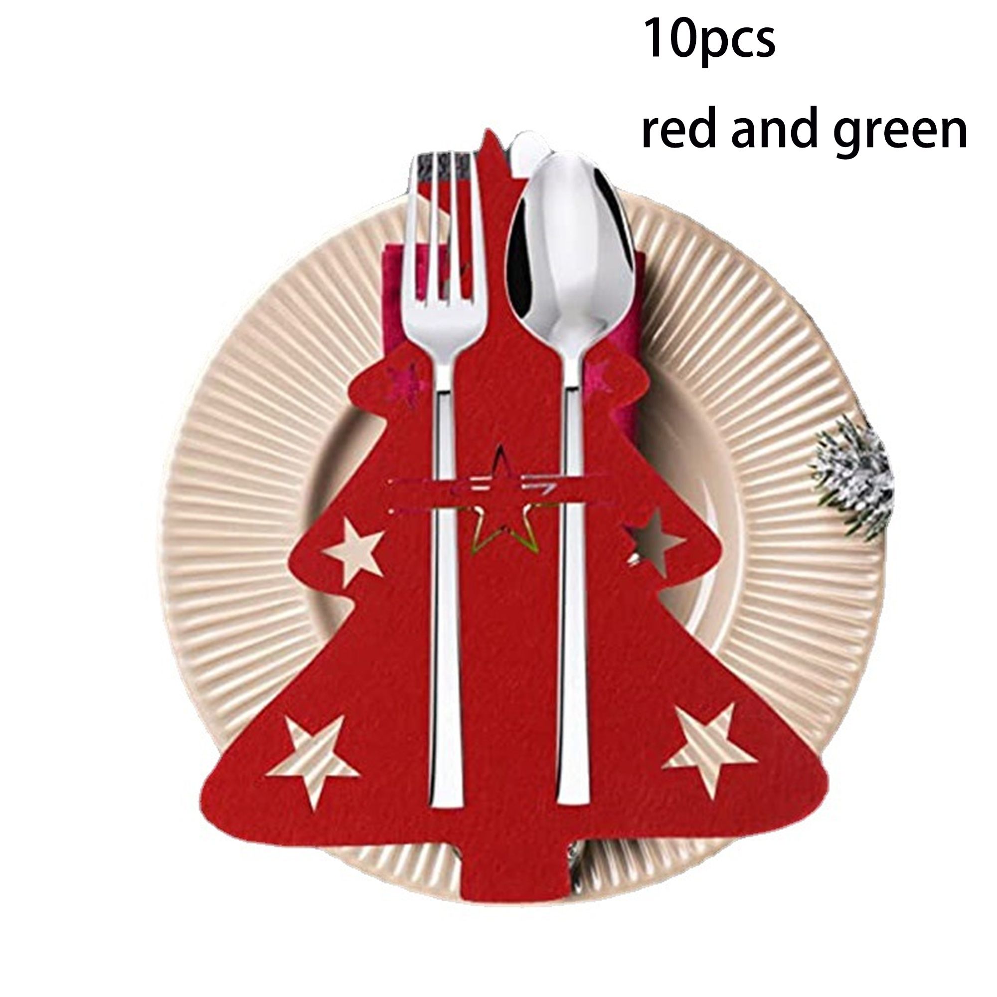 一套 10 個紅色和綠色毛氈聖誕餐具架