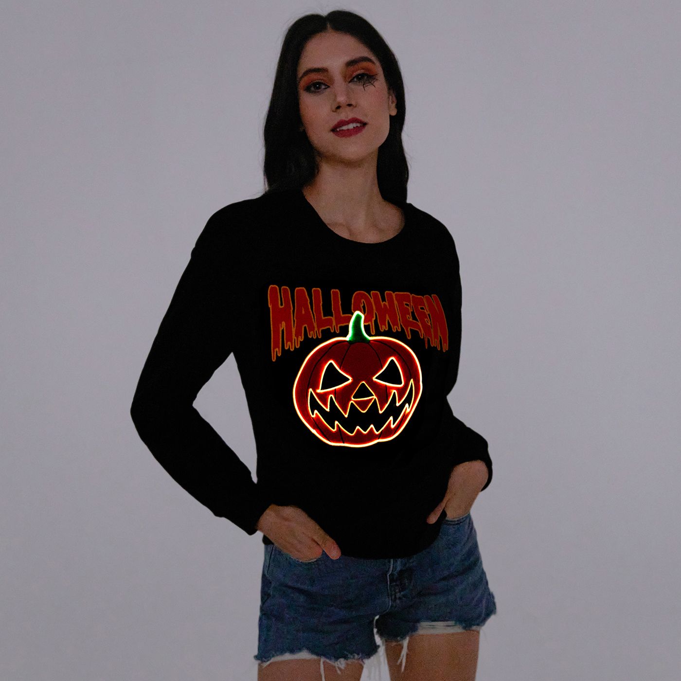 Go-Glow Halloween Illuminating Adult Sweatshirt with Light Up Pumpkin for Women Including Controller