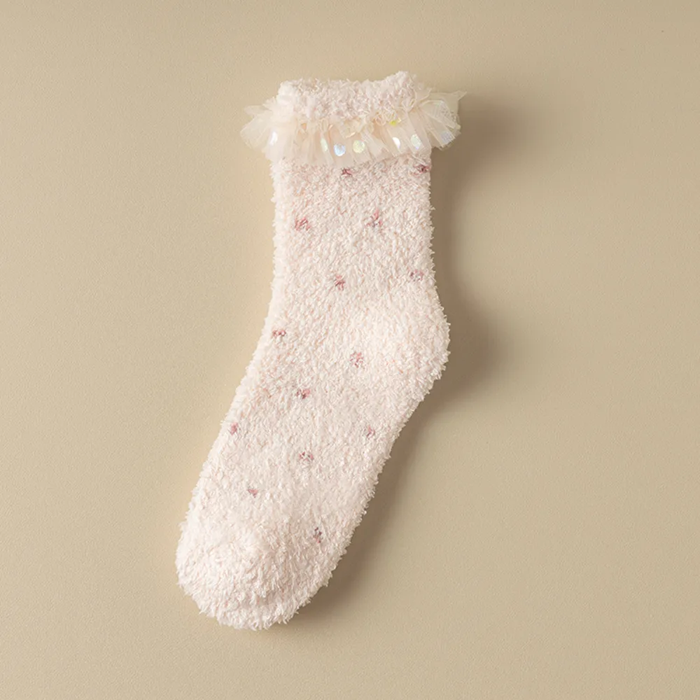 Coral Velvet Thickened Warm Home Lace Princess Socks For Mommy And Me
