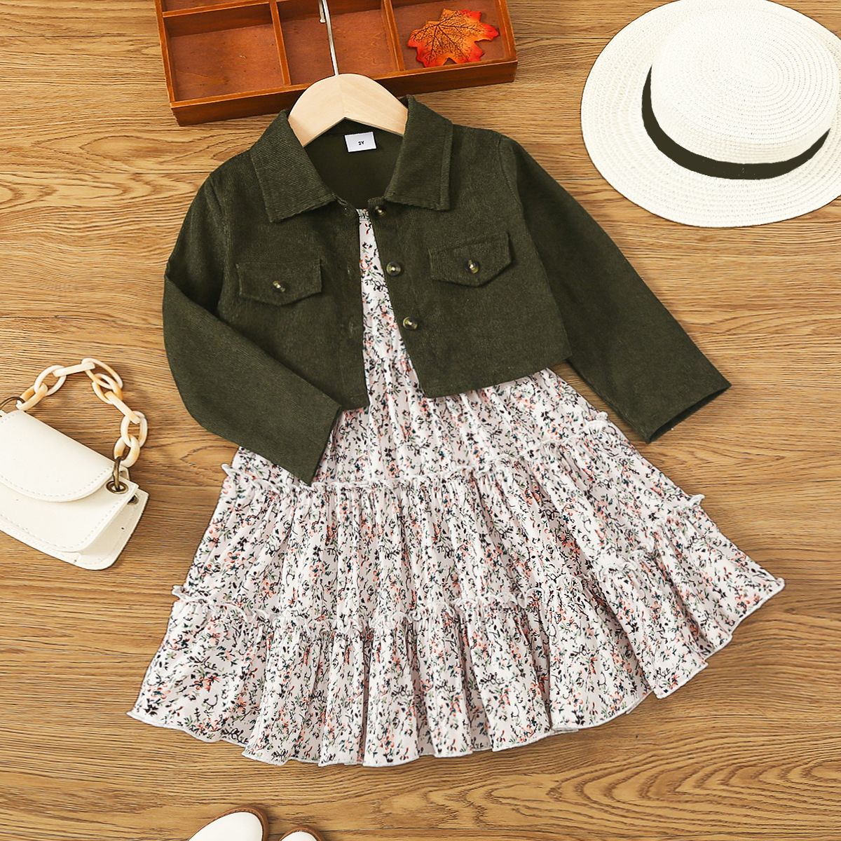 2pcs Toddler Girl Buttons Front Long-sleeve Jacket and Allover Floral Print Ruffle Slip Dress Set