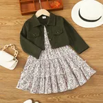 2pcs Toddler Girl Buttons Front Long-sleeve Jacket and Allover Floral Print Ruffle Slip Dress Set Army green