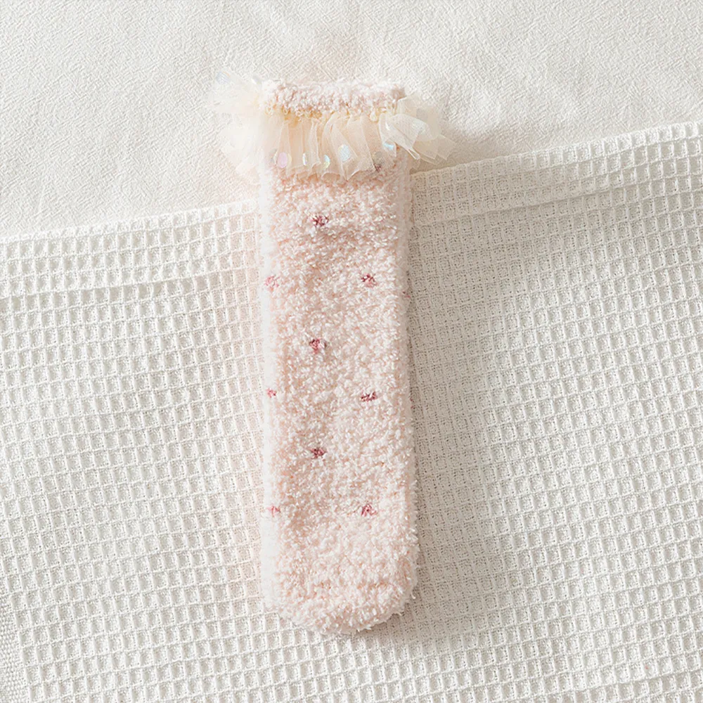 Coral velvet thickened warm home lace princess socks for Mommy and Me Pink