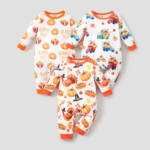 Thanksgiving Day Baby Boy/Girl Allover Pumpkin & Letter Print Long-sleeve Jumpsuit