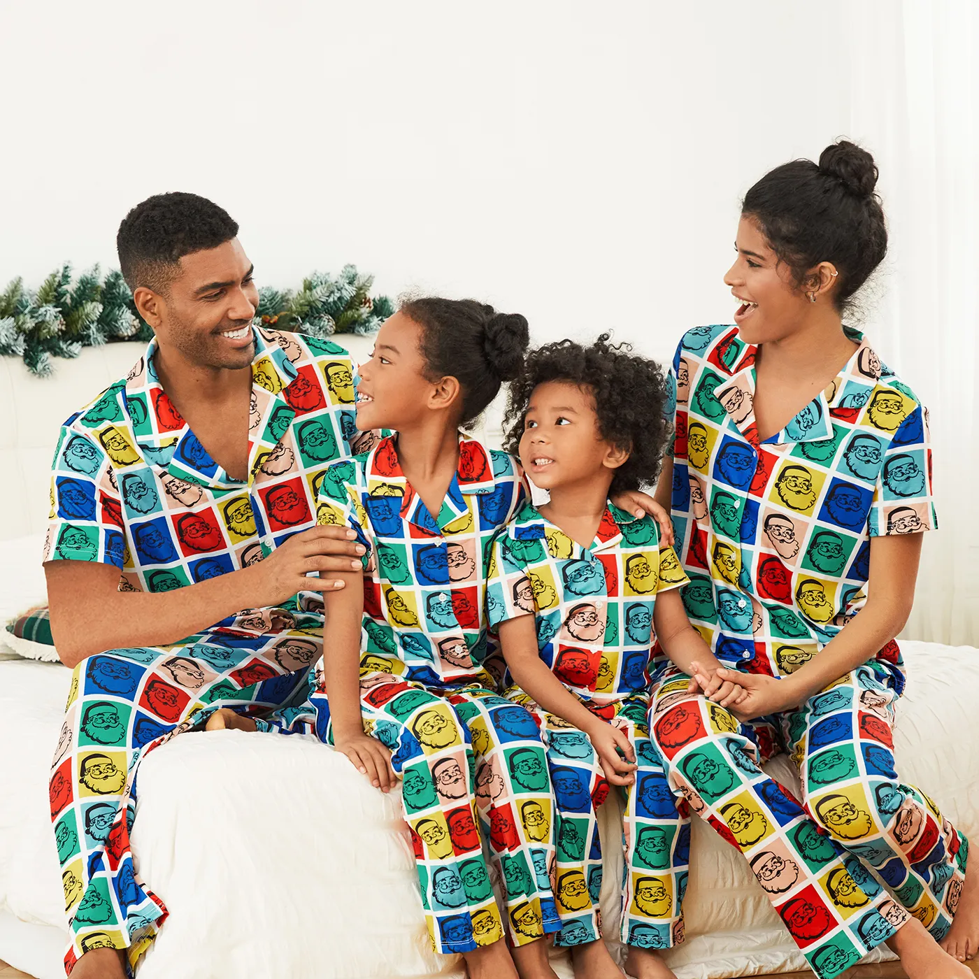 Christmas Family Matching Colorful Santa All-over Print Plaid Short-sleeve Pajamas Sets(Flame resistant)