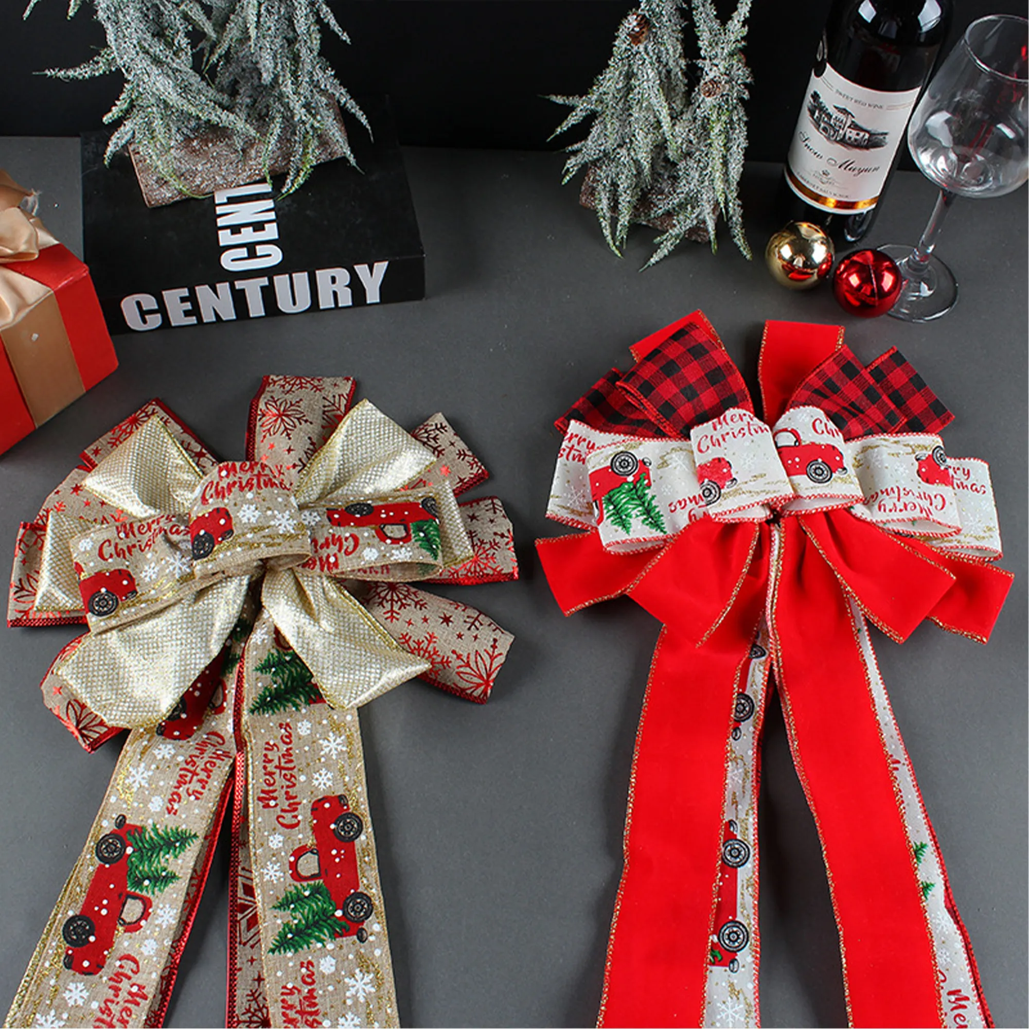 Christmas car printed bow diy ribbon festive Christmas tree top decoration props Red image 5