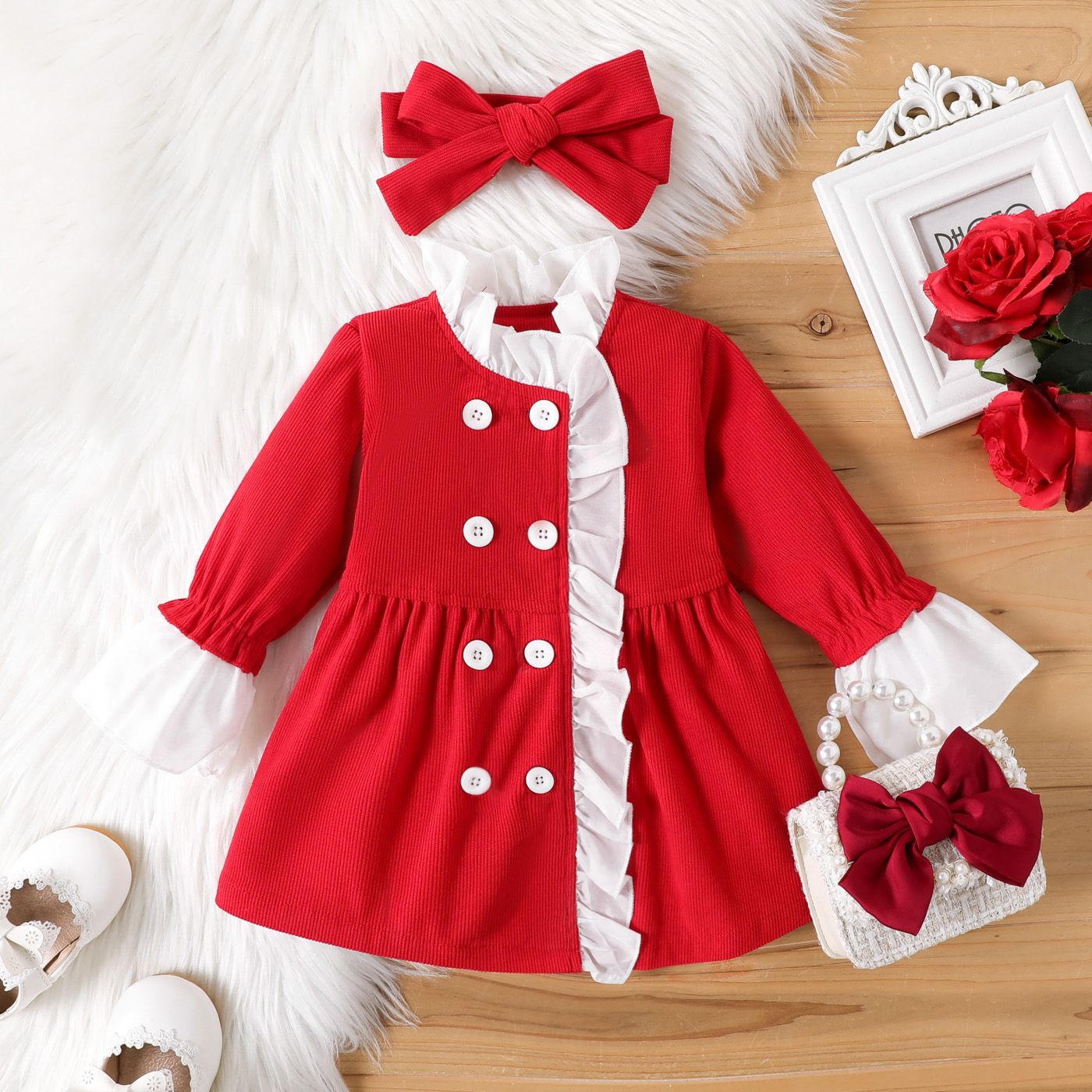 

2PCS Baby Girl Sweet Solid Color Fabric Stitching Loose Christmas Dress/ Bowknot Set