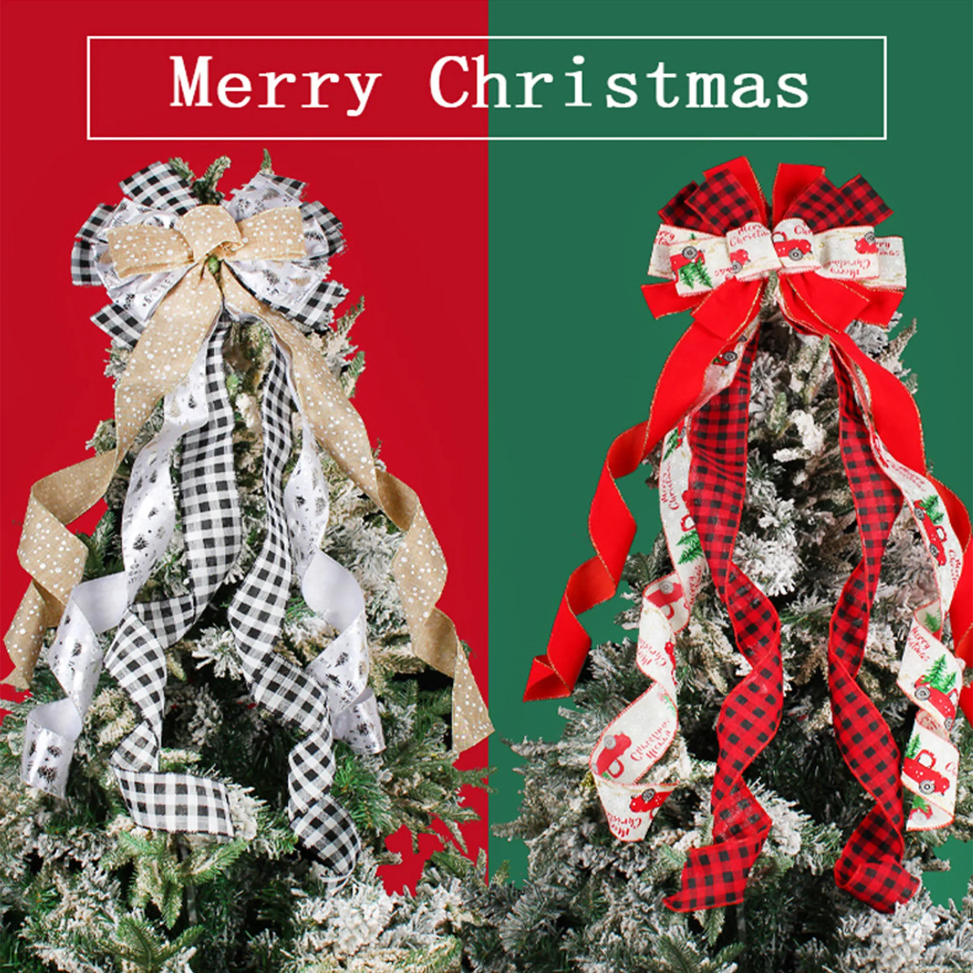 Christmas car printed bow diy ribbon festive Christmas tree top decoration props Red image 4