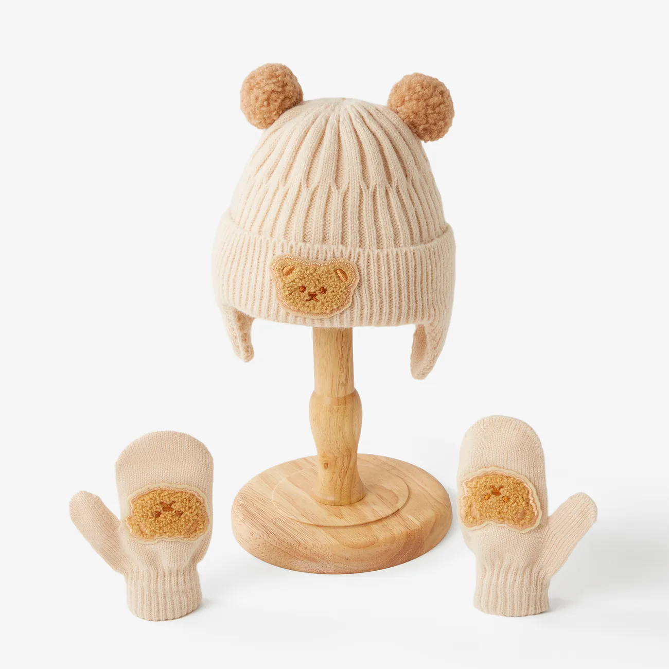 Un conjunto cálido imprescindible de gorros y guantes de lana para bebés / niños pequeños en invierno Beige big image 1