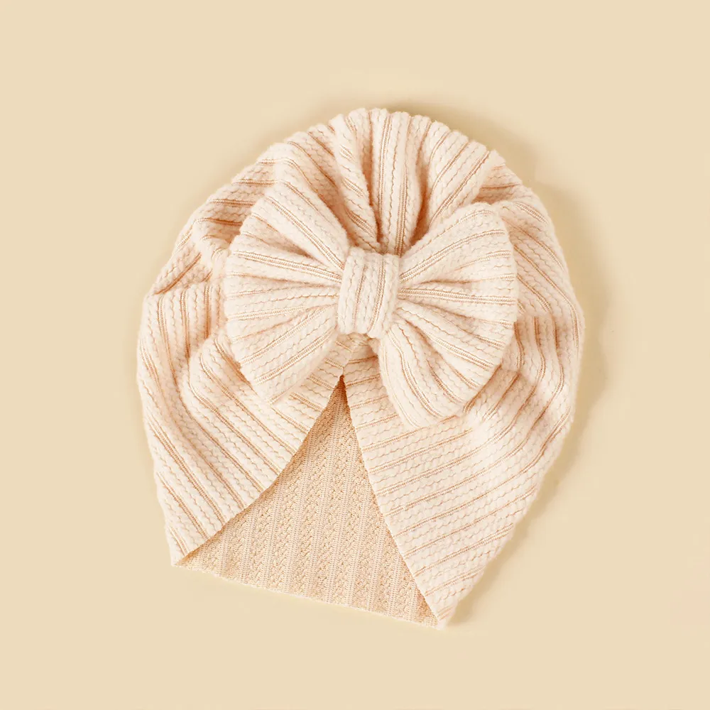 Baby Knitted striped fabric bow beanie hair hat Apricot