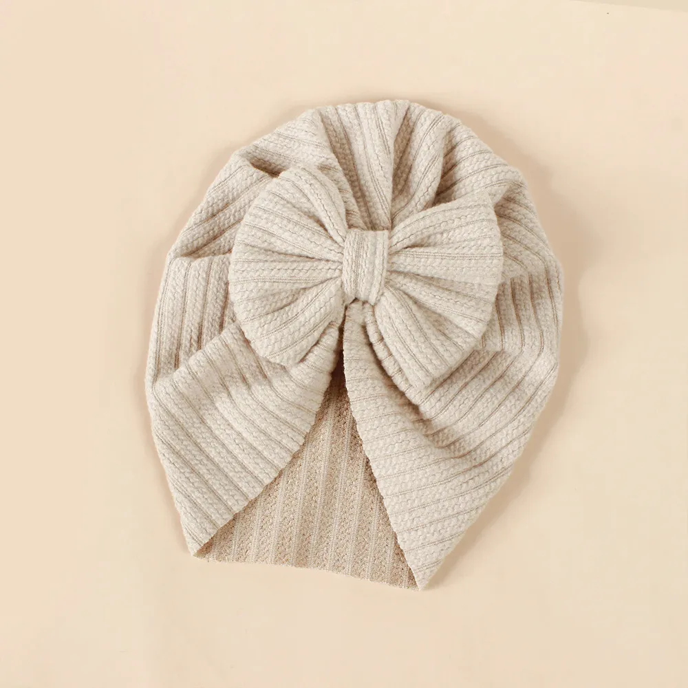 Baby Knitted striped fabric bow beanie hair hat LightKhaki