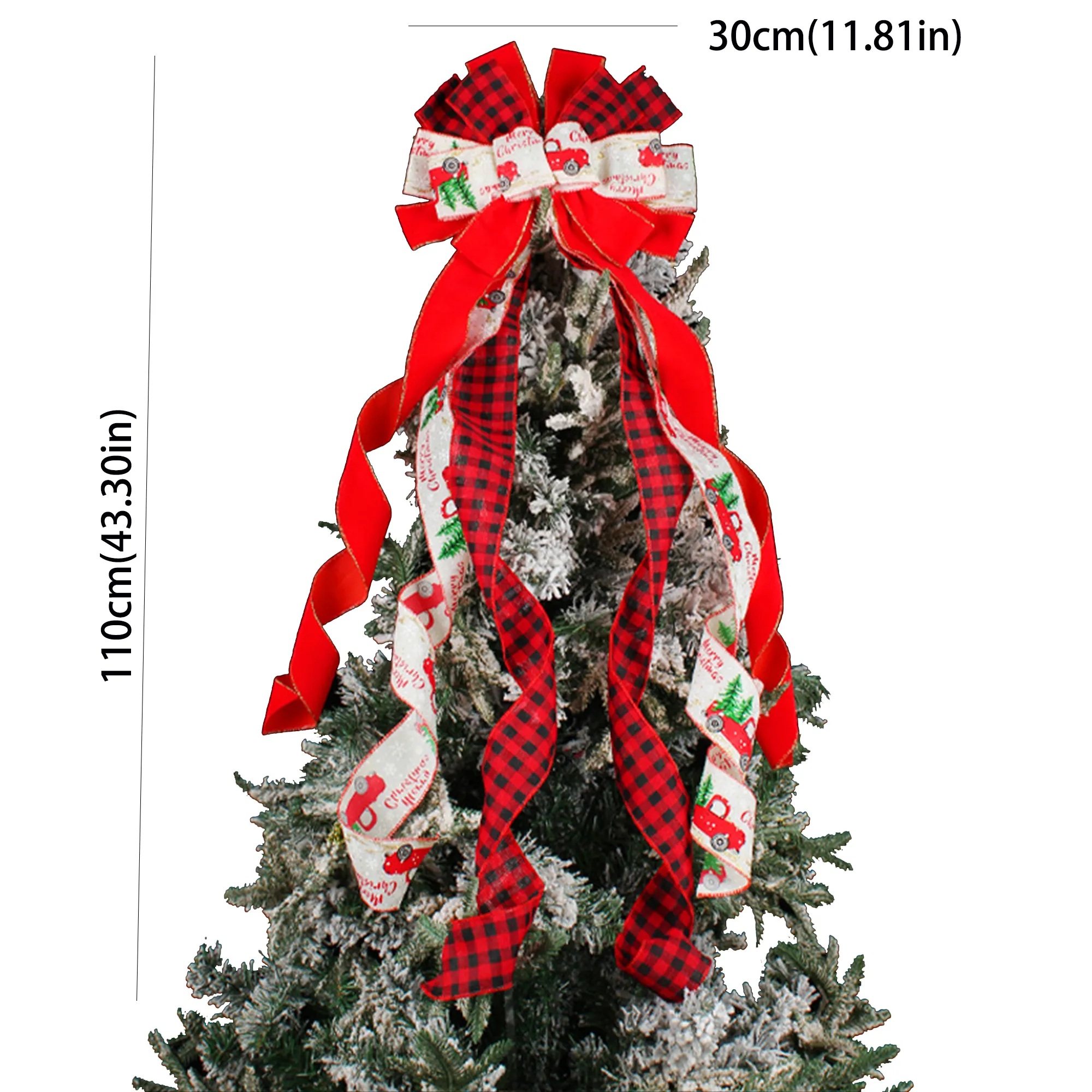Christmas car printed bow diy ribbon festive Christmas tree top decoration props Red image 2