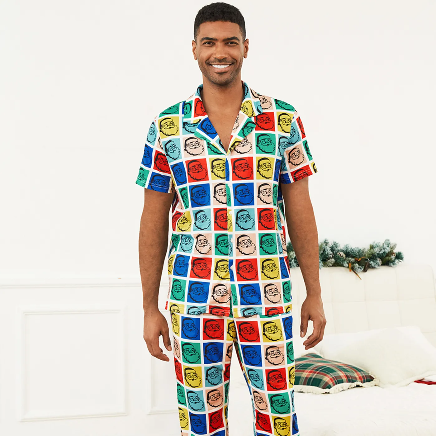 Christmas Family Matching Colorful Santa All-over Print Plaid Short-sleeve Pajamas Sets(Flame Resistant)
