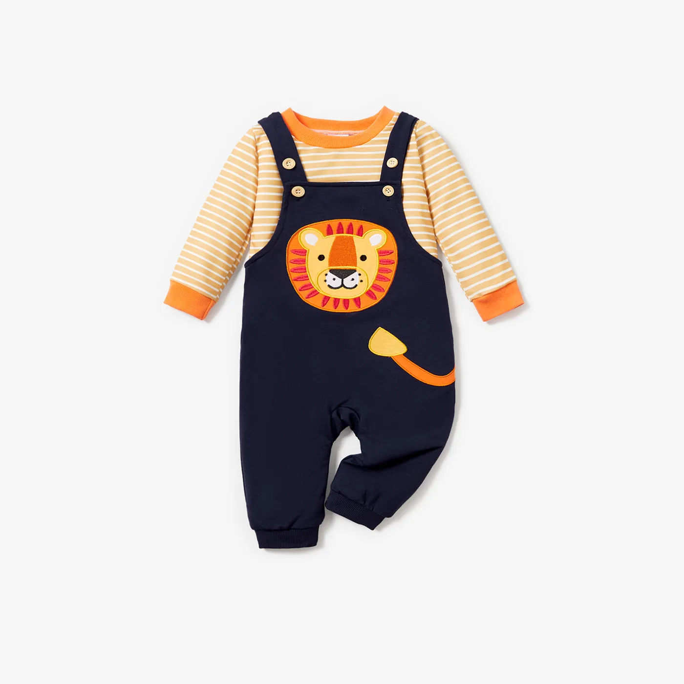 2pcs Baby Boy Animal Pattern Lion Manches Longues Sweat-shirt Et Ensembles De Salopettes