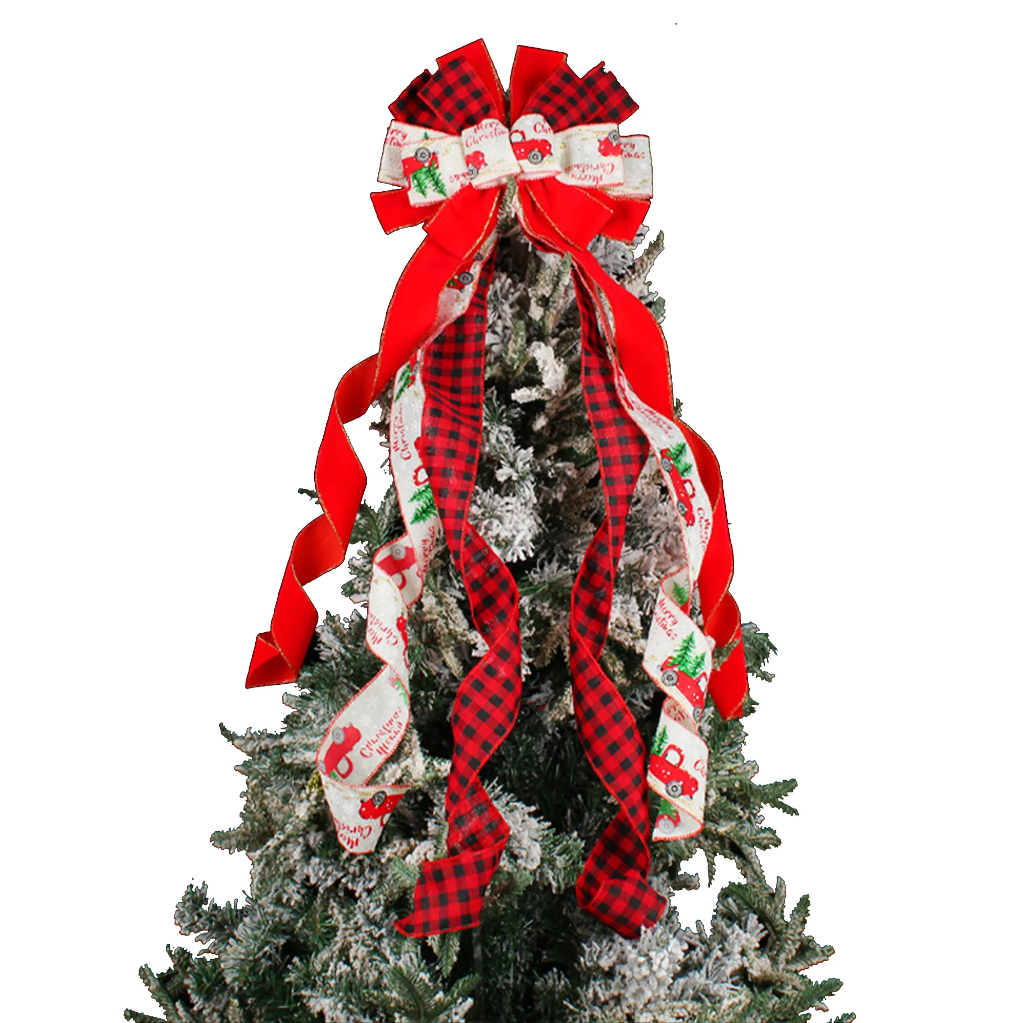 Christmas car printed bow diy ribbon festive Christmas tree top decoration props Red image 3