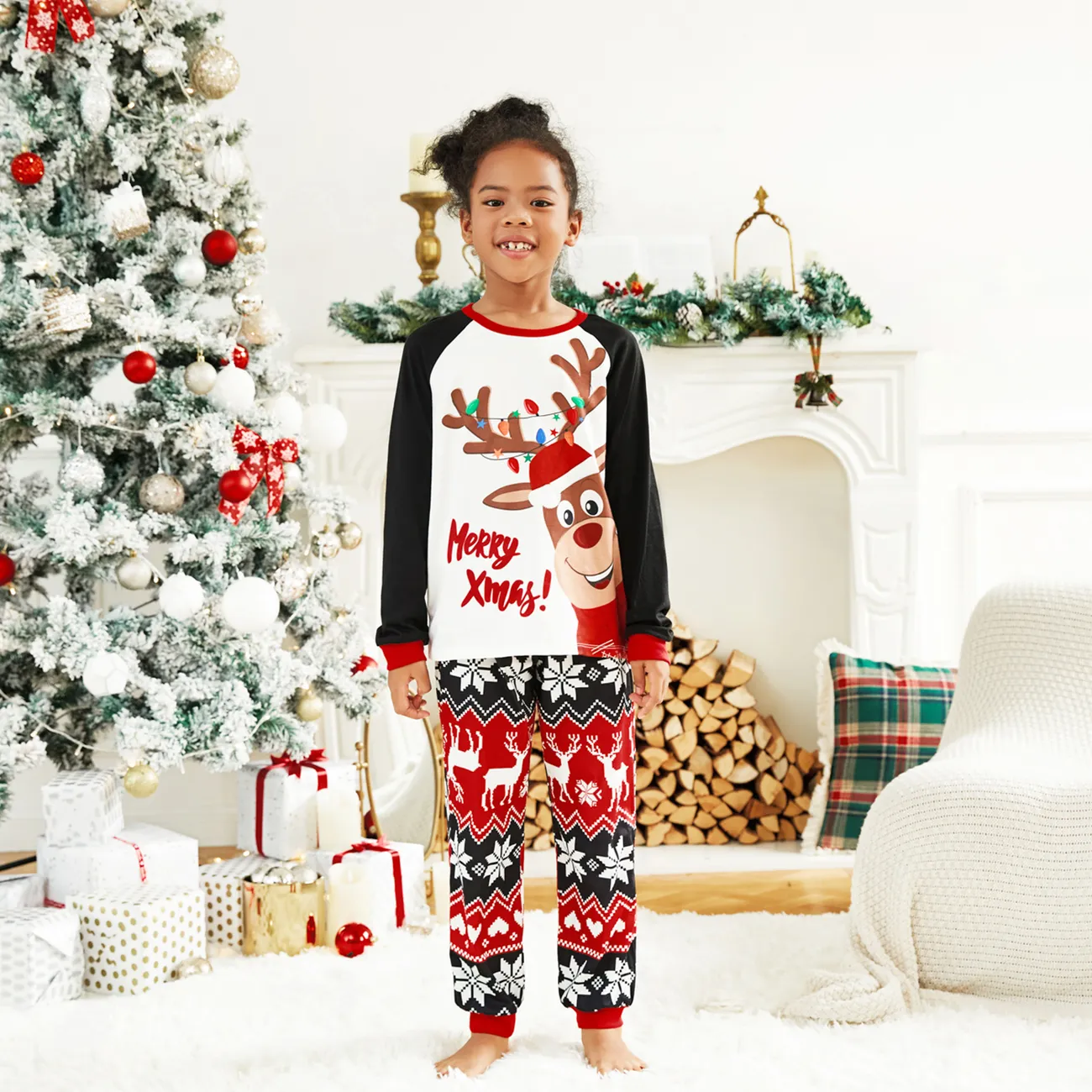 Christmas Reindeer Print Family Matching Pajamas Sets (Flame Resistant) Black big image 1
