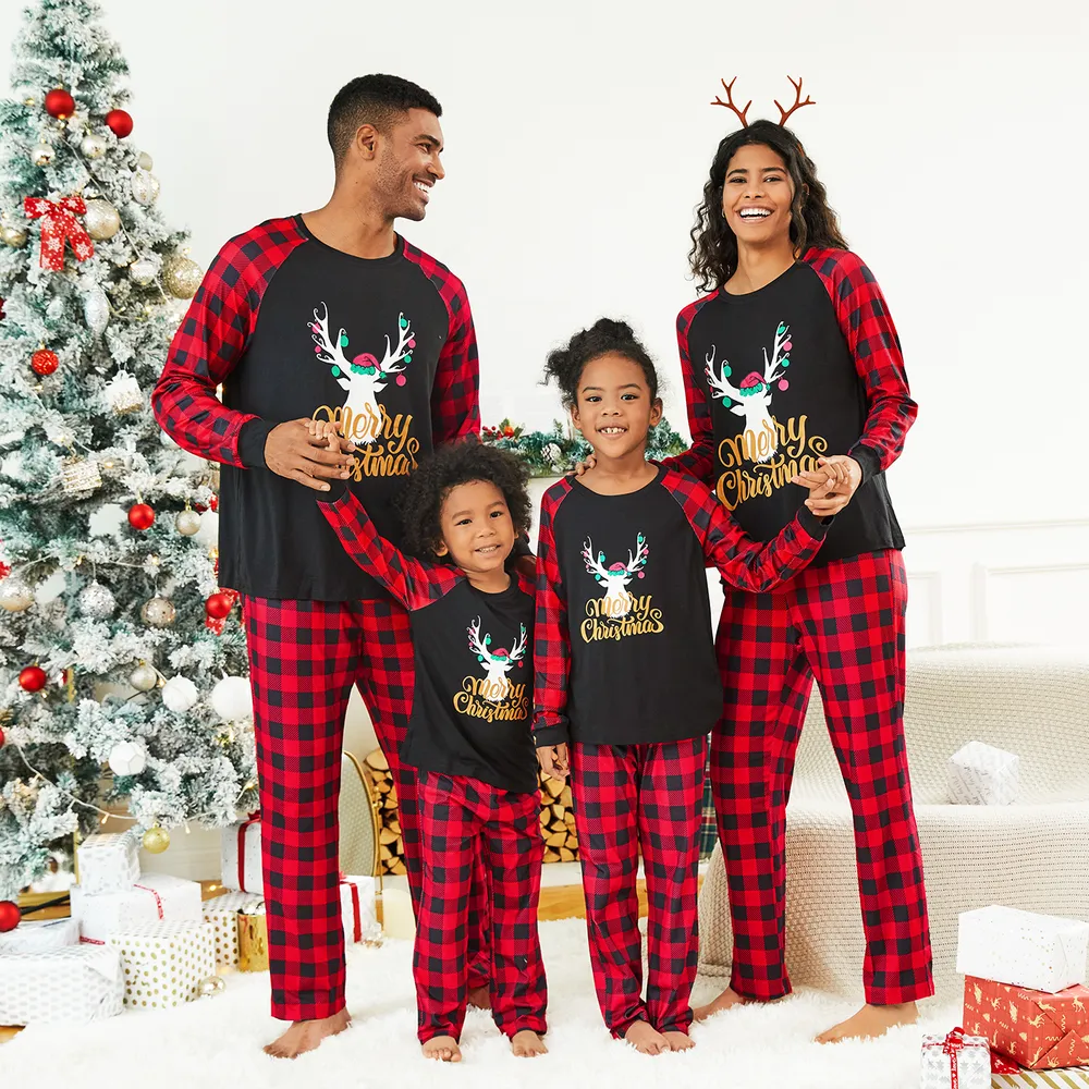 Merry Christmas Letter Antler Print Plaid Splice Matching Pajamas Sets for Family (Flame Resistant)  big image 2